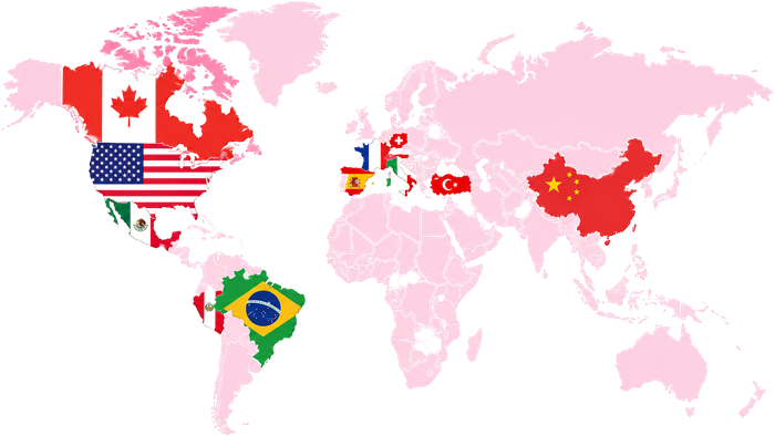 Mapa del mundo con las banderas de los países de los que importamos: Canadá, Estados Unidos, México, Brasil, España, Francia, Suiza, Italia, Alemania, Turquía y China