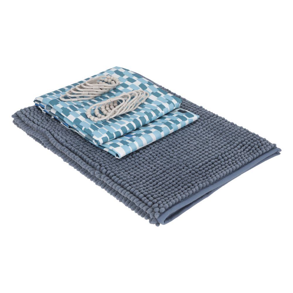 Set para baño con cortina, tapete y ganchos