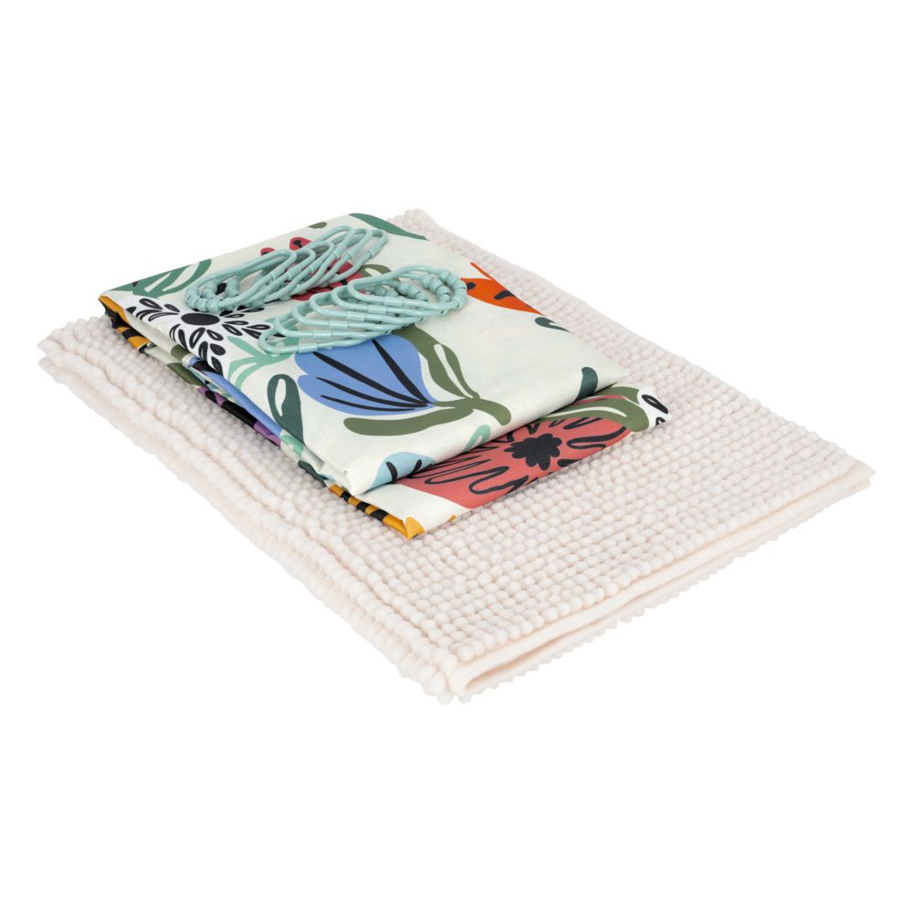 Set para baño con cortina, tapete y ganchos