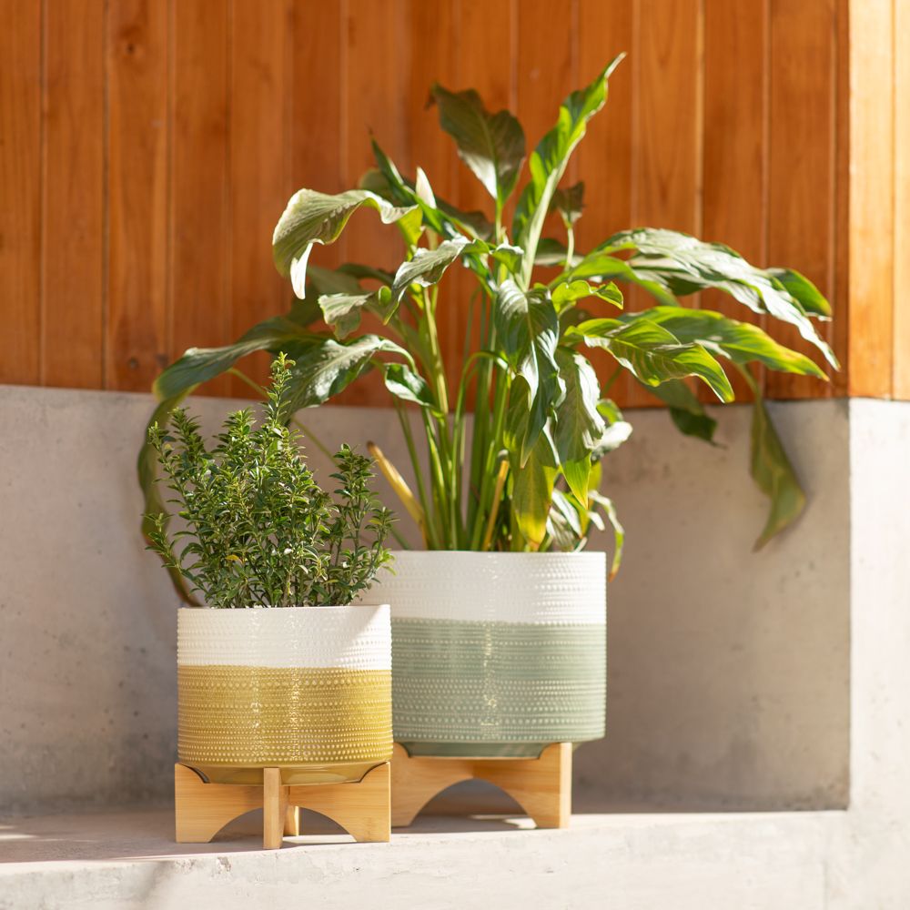 Maceta de cerámica con base de bambú 27x21 cm