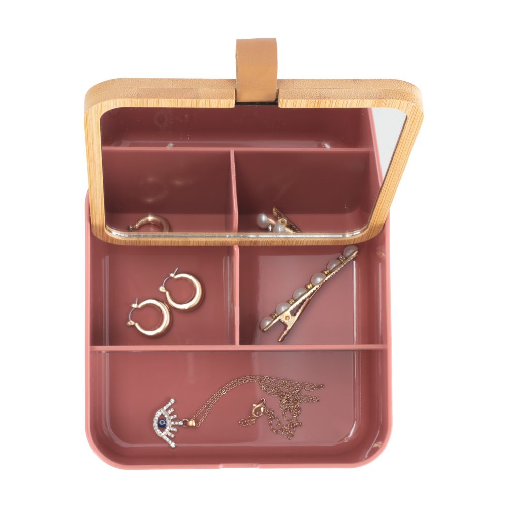 Organizador de joyas de plástico y bambú 14x14x5.5 cm