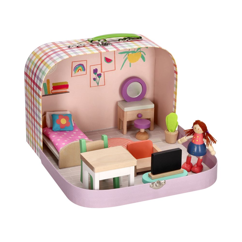Maleta con dormitorio y muñeca Josefa de madera