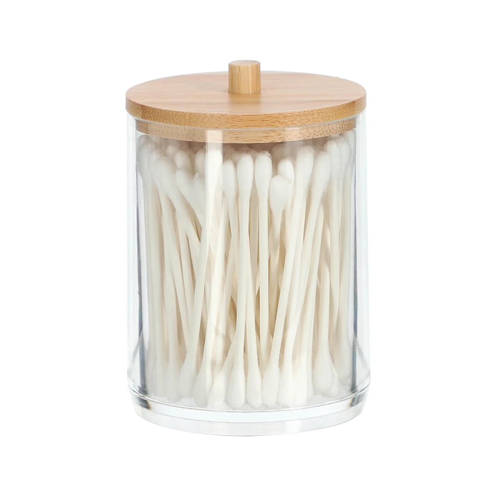 Organizador de Cotonetes de Plastico con Tapa de Bambú 7X10 cm
