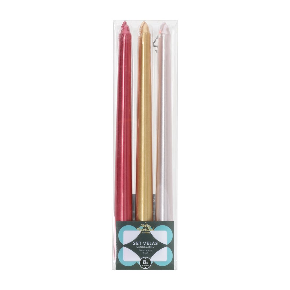 Set de 3 velas de cena metalizadas 25 cm