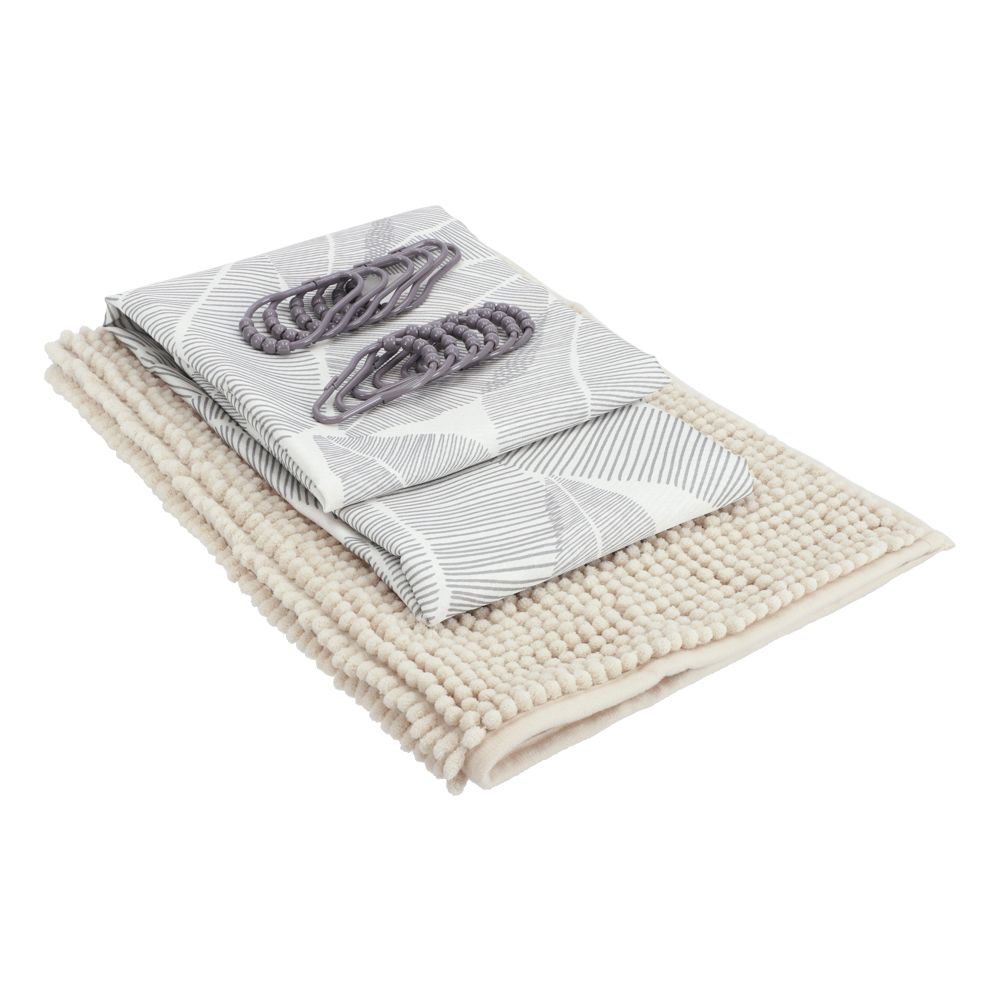 Set de baño cortina, tapete y ganchos