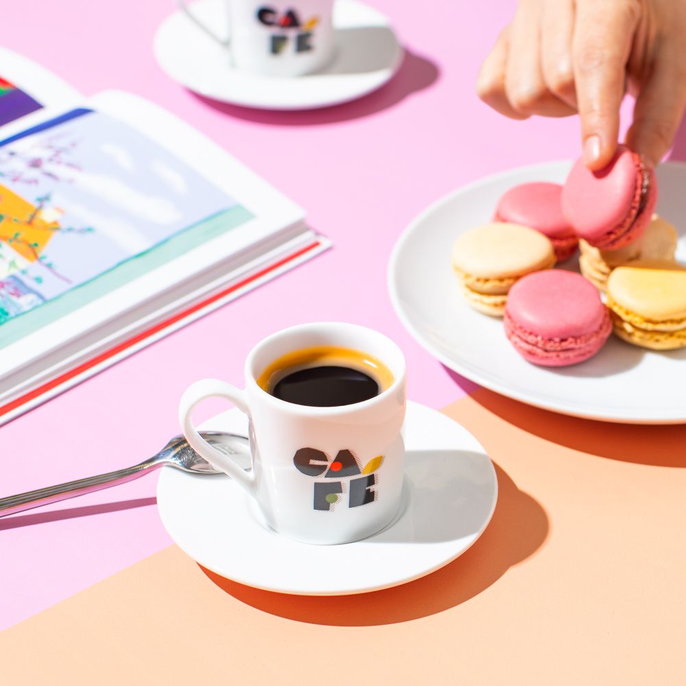 Set de 4 tazas para café con platos y rack