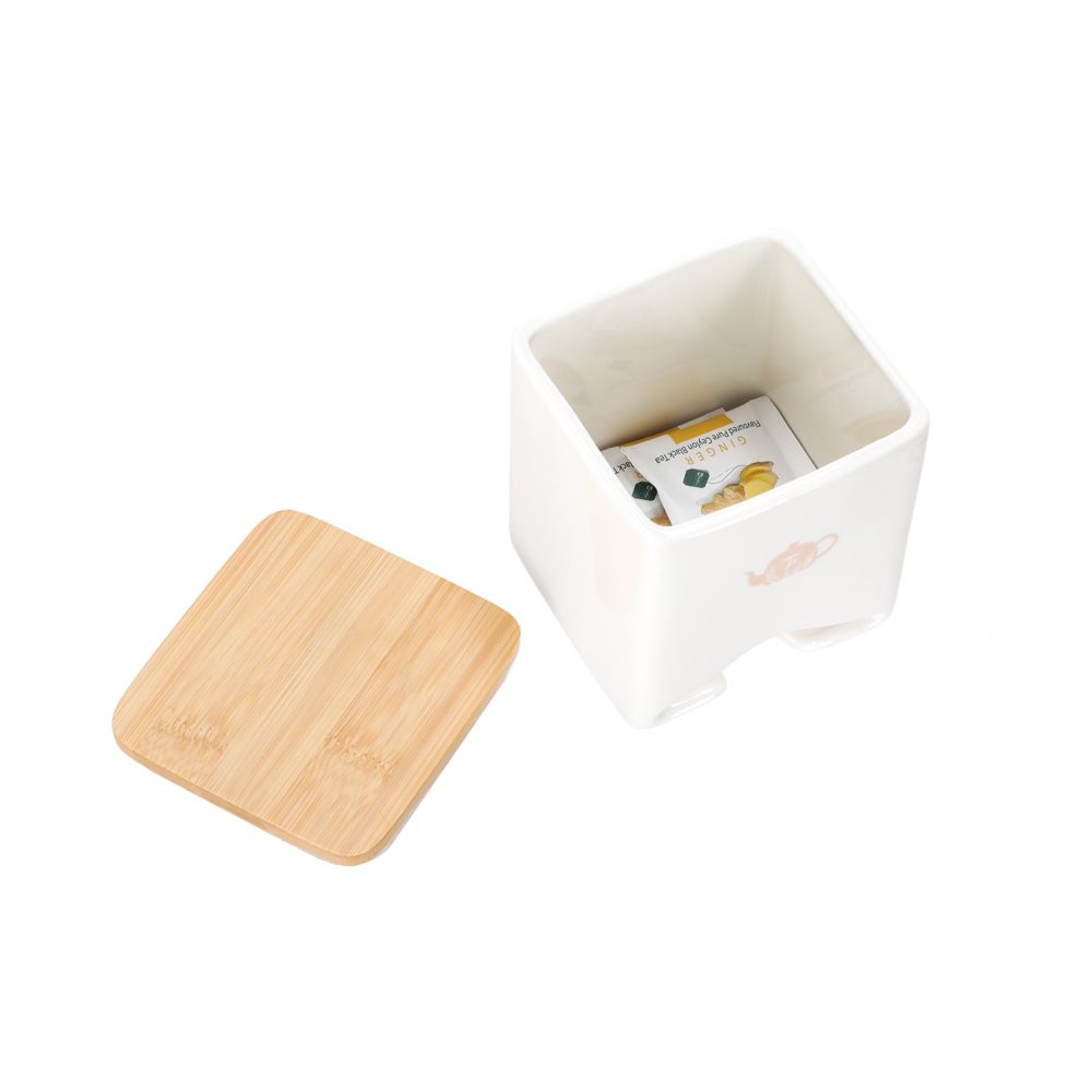 Dispensador bolsas de té de porcelana con tapa bambú