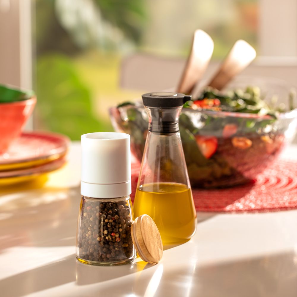 Molinillo de vidrio con tapa de madera y plástico 170 ml