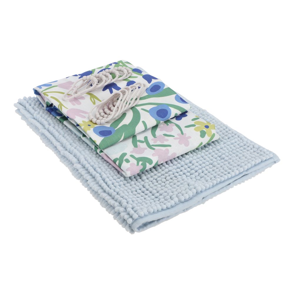 Set de baño cortina. tapete y ganchos