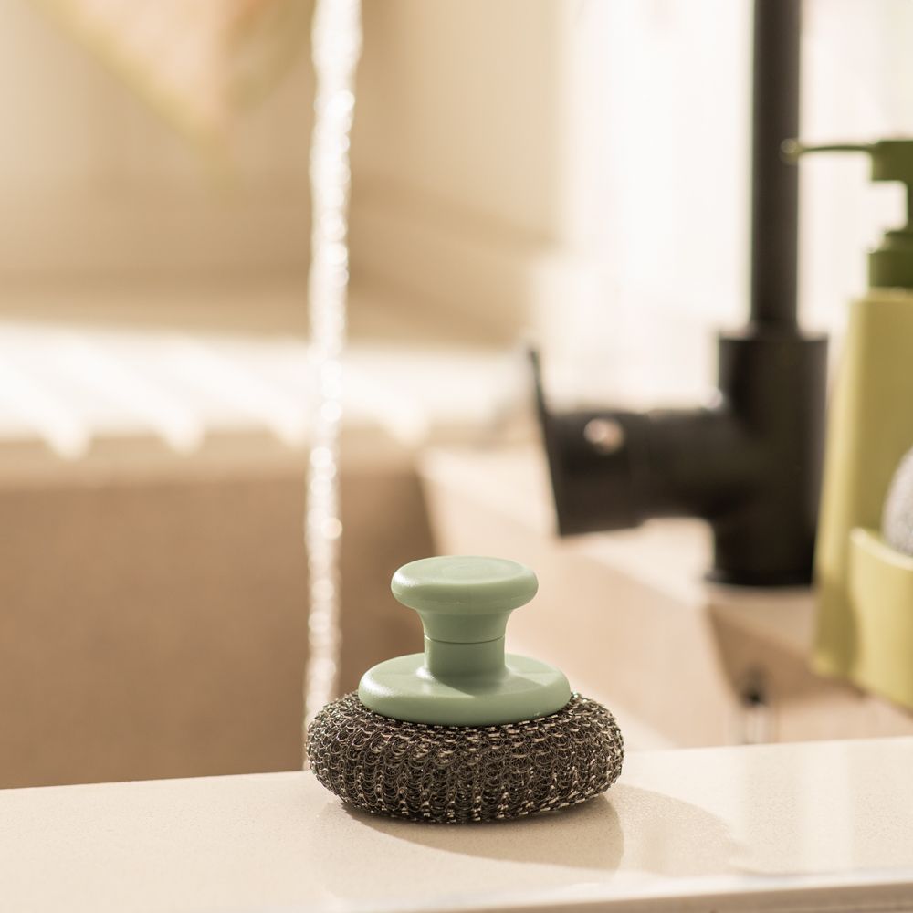 Set de fibra lavatrastes de acero inoxidable con 2 repuestos