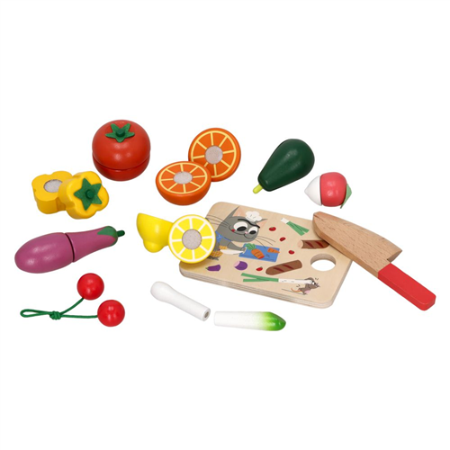 Balde con frutas y verduras de madera