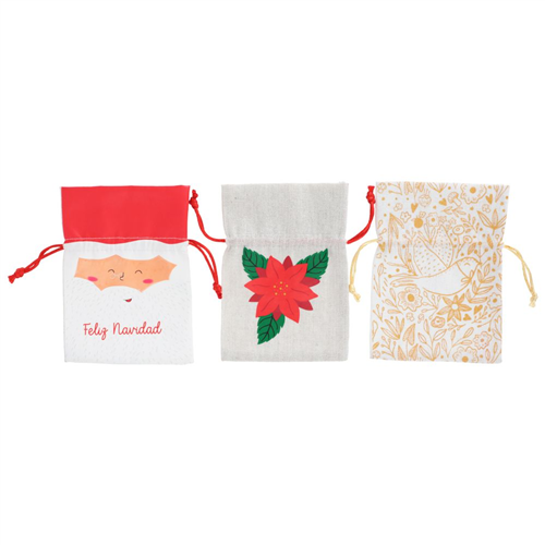 Set 3 bolsas de tela con diseño navideña 10x14 cm