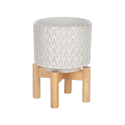 Maceta de cerámica con base de bambú 14x12 cm