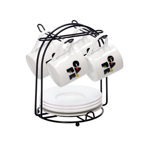 Set de 4 tazas para café con platos y rack