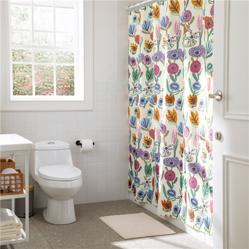 Set para baño con cortina, tapete y ganchos