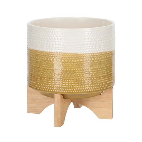 Maceta de cerámica con base de bambú 21x17 cm