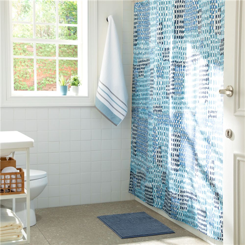 Set para baño con cortina, tapete y ganchos