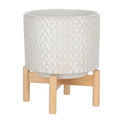 Maceta de cerámica con base de bambú 21x17 cm