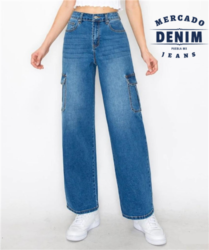 Wide Leg Medium Denim Cargo / 90335