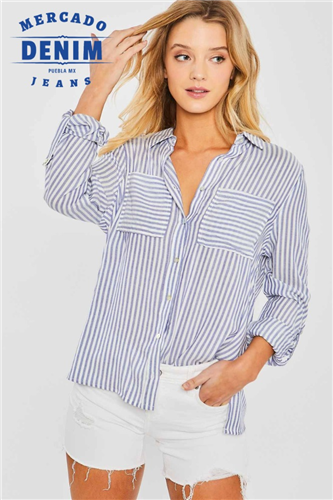 Blue Striped Long Sleeve Shirt / 2078TK