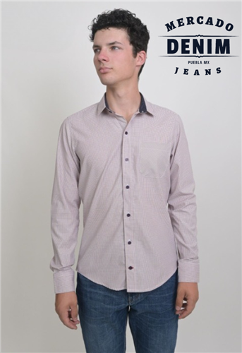 Camisa diseño mini cuadro contraste marino