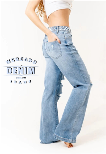 Blue Wide Leg Jeans with Studs / DXD0249