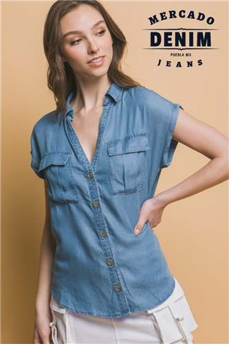 Collared Roll-Cuff Shirt - Blue / 2620TM