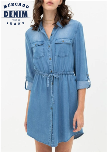 Roll- Up Tencel Mini Shirt Dress / 4394DN